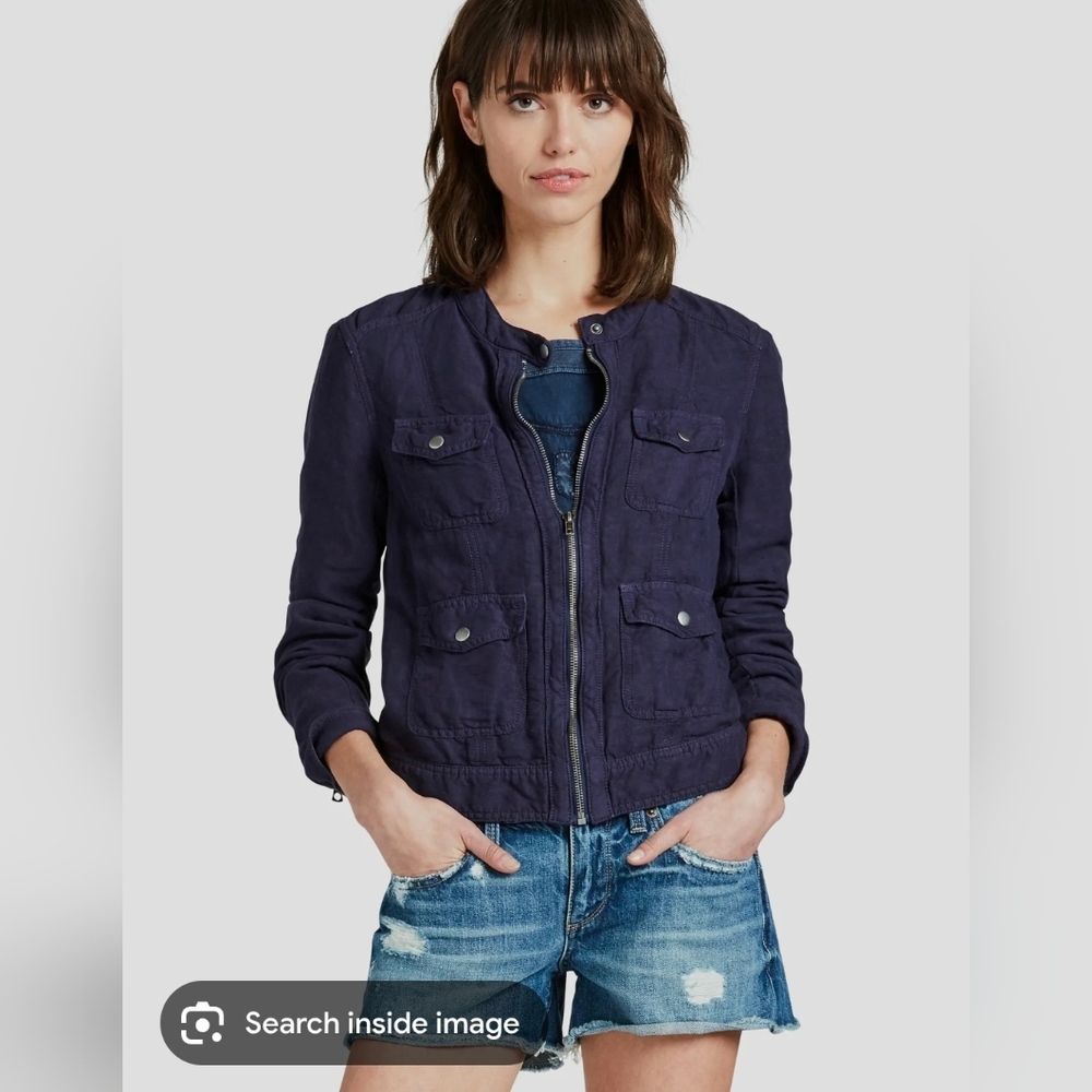 Lucky Brand Llightweight linen collarless jacket four flap pockets long sleeves
